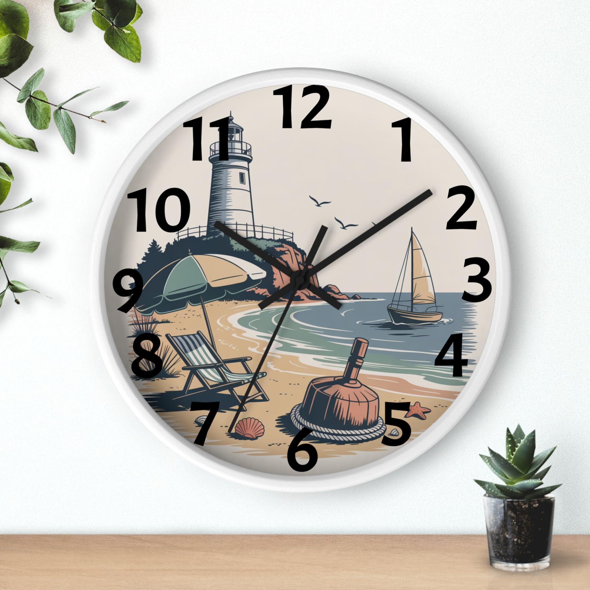 Coastal Lighthouse Beach Scene Wall Clock