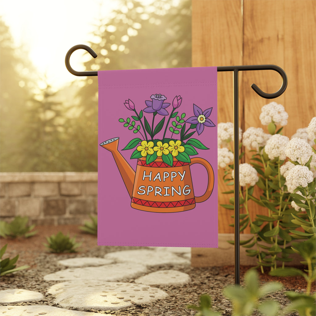 Happy Spring Watering Can Garden Flag — Floral Garden Banner for Spring Decor