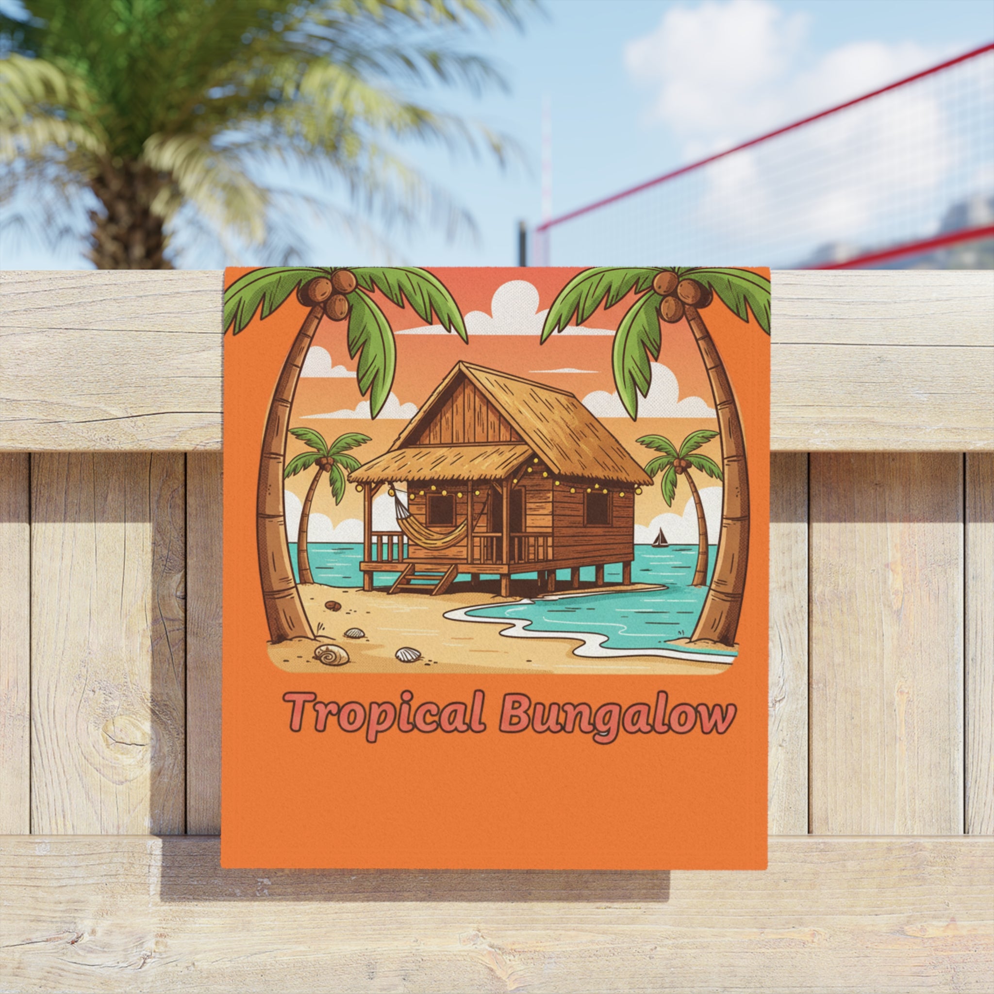 Tropical Bungalow Beach Towel – Orange Palm Tree Sunset Design