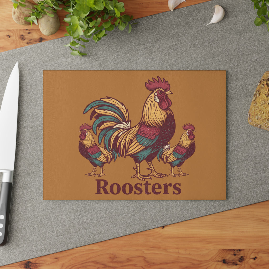 Roosters Glass Cutting Board — Rustic Farmhouse Rooster Kitchen Decor