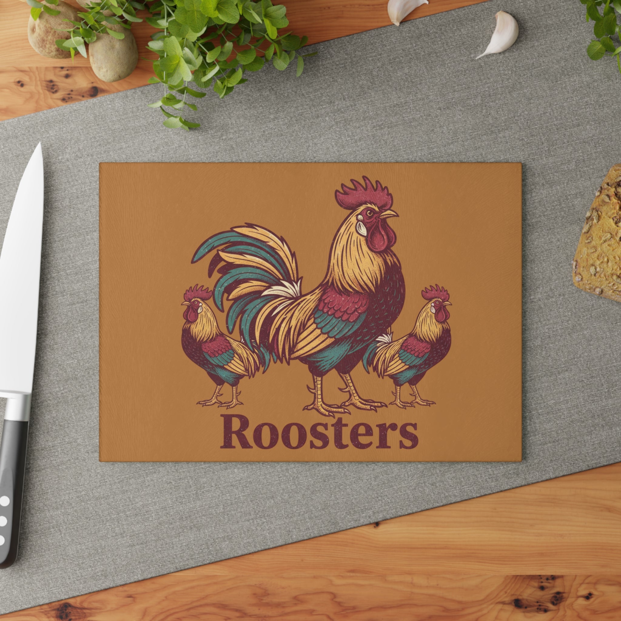 Roosters Glass Cutting Board — Rustic Farmhouse Rooster Kitchen Decor