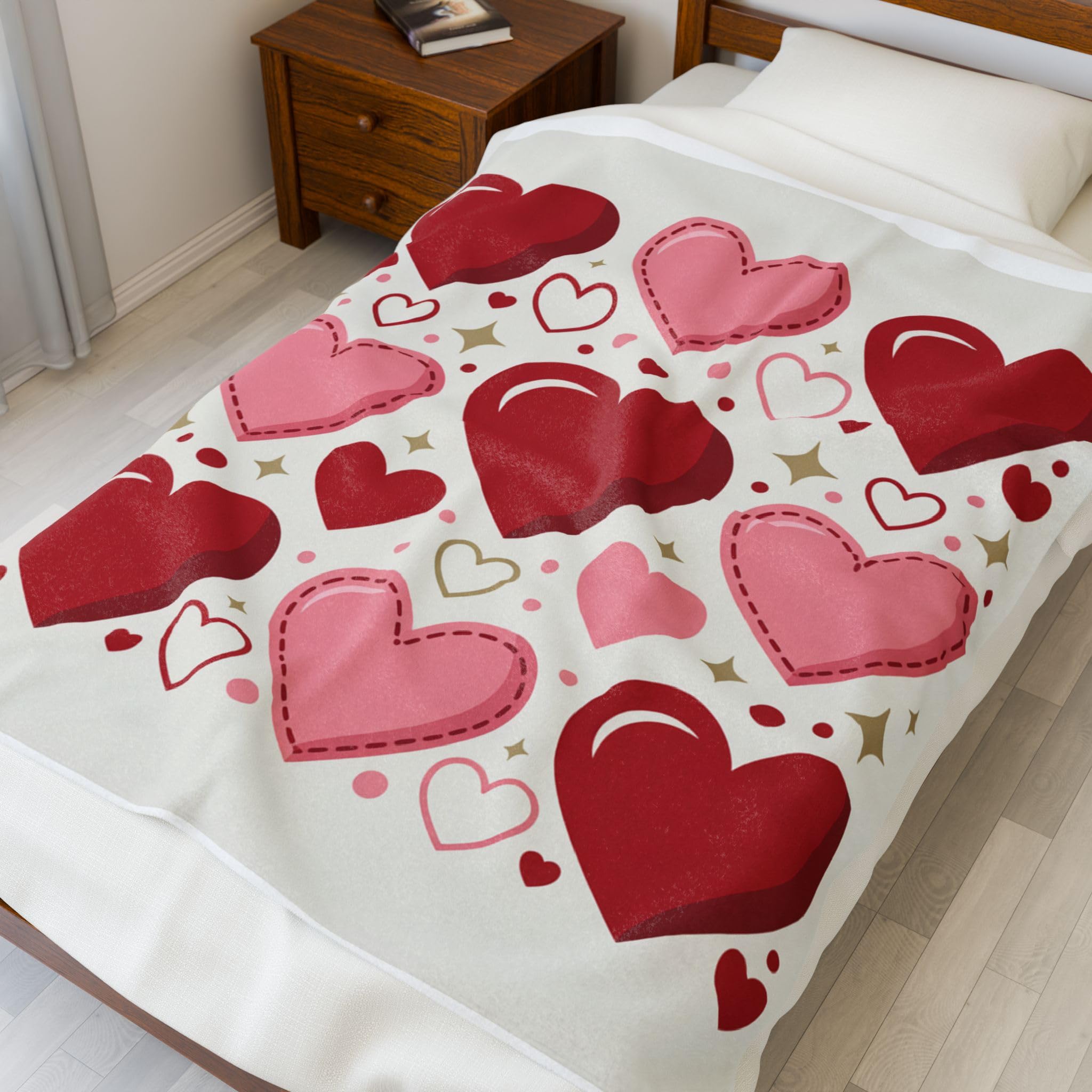 Red and Pink Heart Pattern Velveteen Plush Blanket